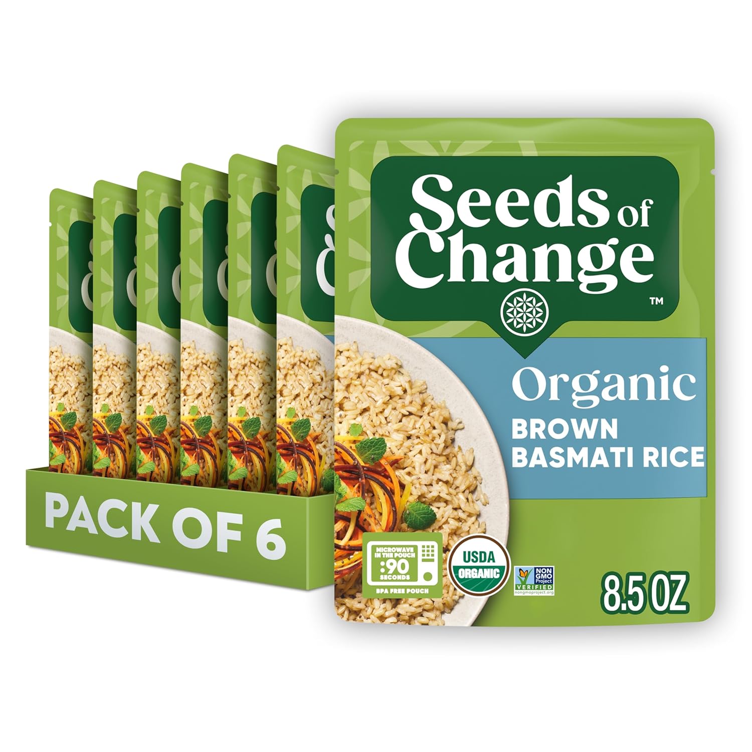 SEEDS OF CHANGE Certified Organic Brown Basmati Rice, Organic Food, 8.5 OZ Pouch (Pack of 6)