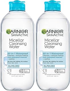 Garnier Micellar Water for Waterproof Makeup, Hydrating Facial Cleanser & Makeup Remover, Suitable for Sensitive Skin, Vegan, Cruelty Free, 13.5 Fl Oz (400mL), 2 Count