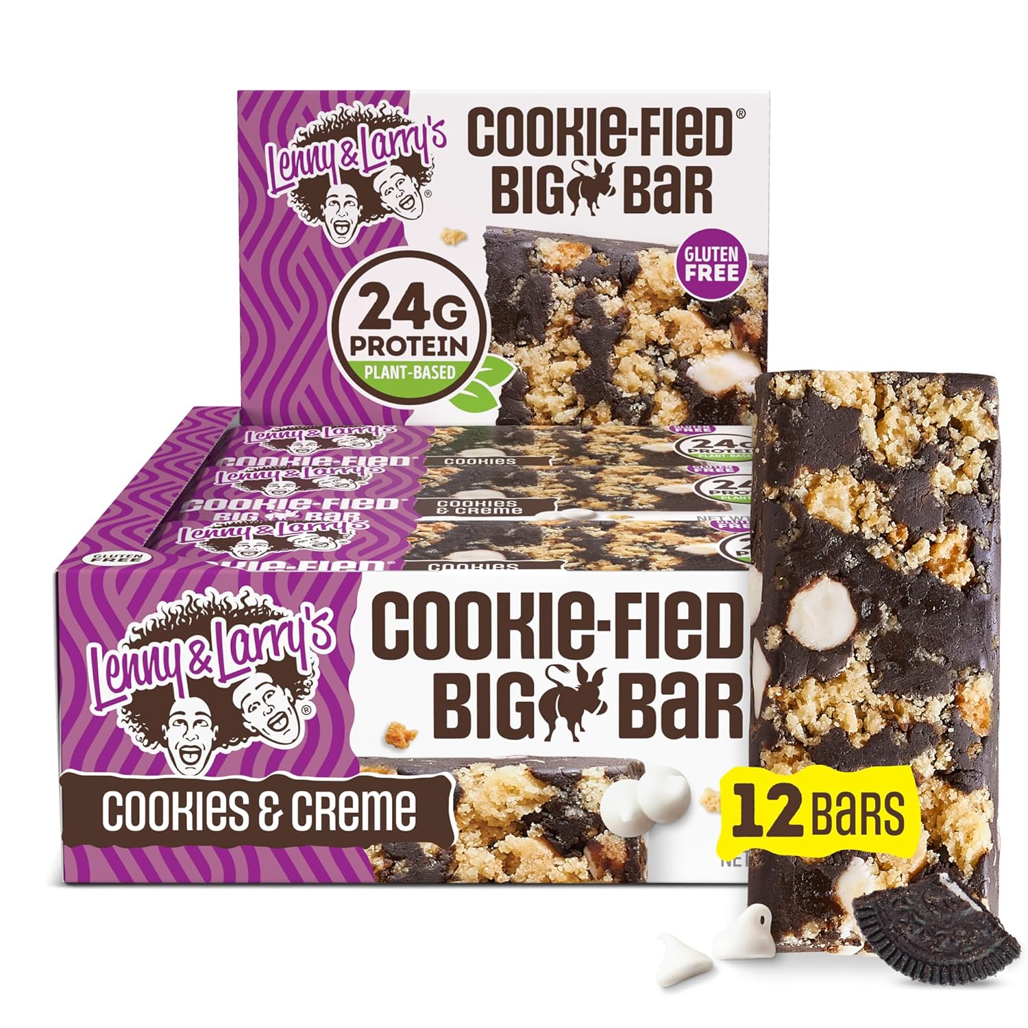 Lenny & Larry's Cookie-fied BIG BAR – Cookies and Creme Vegan Protein Bars 12x90g – Healthy Snacks, 24g Plant Protein & 10g Prebiotic Fiber – Gluten free Power Bar, Keto Friendly & Vegan