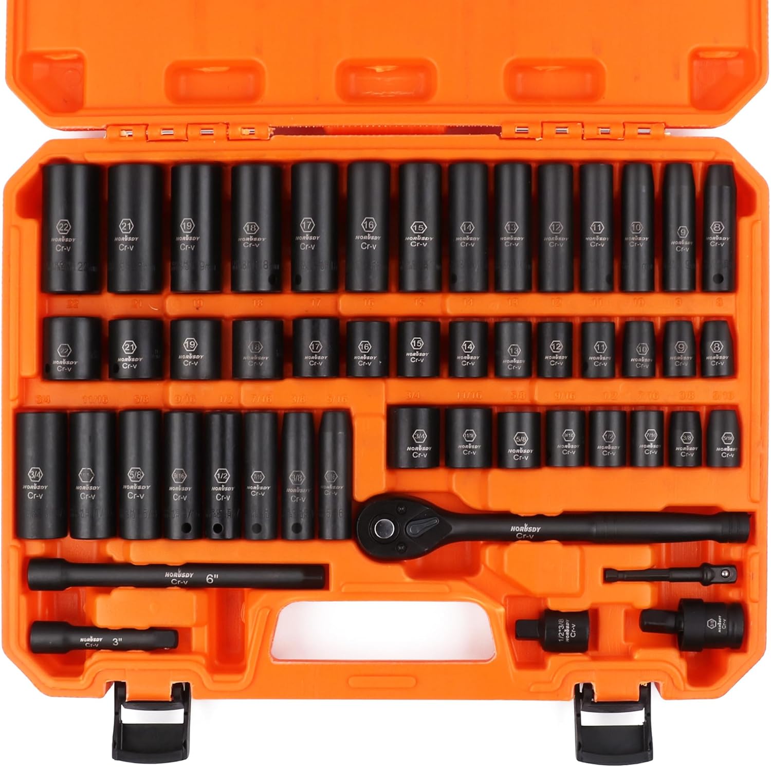HORUSDY 3/8" Drive Impact Socket Set, 50-Piece Standard SAE (5/16 to 3/4 inch) and Metric (8-22mm) Size, 6 Point, Cr-V, 3/8-Inch Drive Ratchet Handle, Drive Extension Bar, Impact Universal Joint