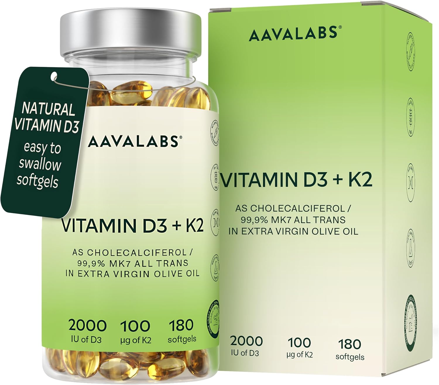 Vitamin D3 K2 MK7 (99.9% All-Trans) with Extra Virgin Olive Oil - 180 Softgels D3 and K2 Vitamin Supplements
