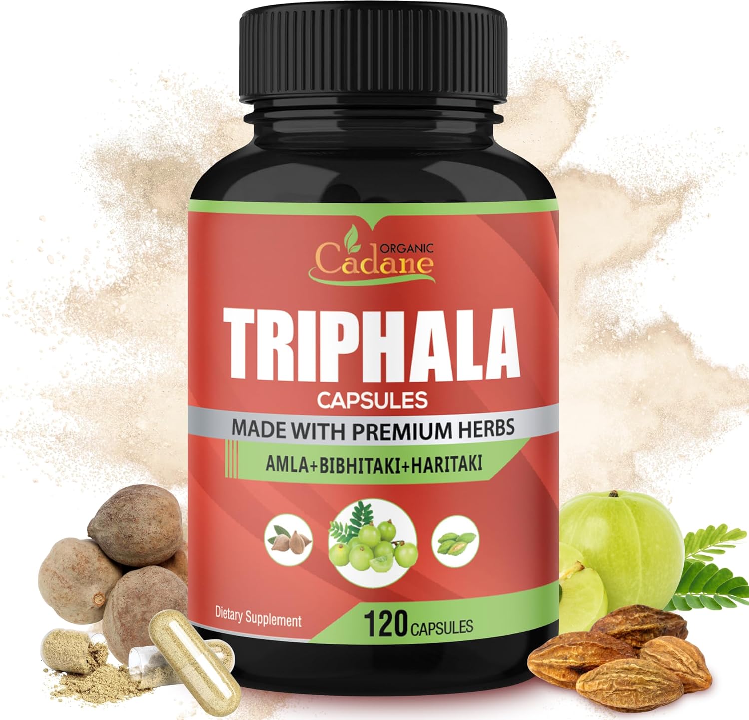 Organic Cadane Triphala (3 Fruit Powders) Supplement, 120 Veggie Capsules | Improves Digestion Function, Supports Immune System