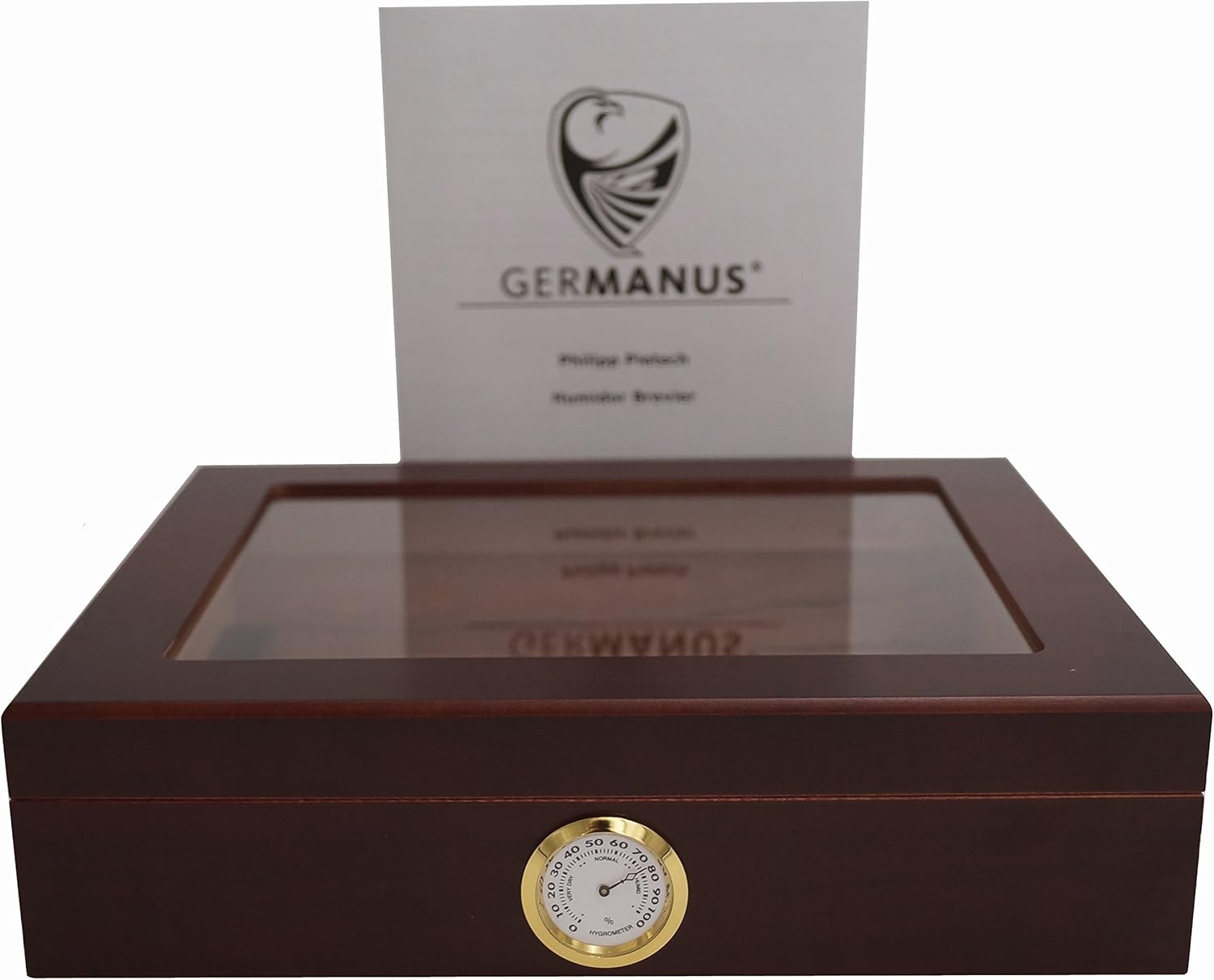 GERMANUS Cigar Humidor for Approx. 30 Cigars, Dark Brown, with Hygrometer and Humidifier and GERMANUS Manual