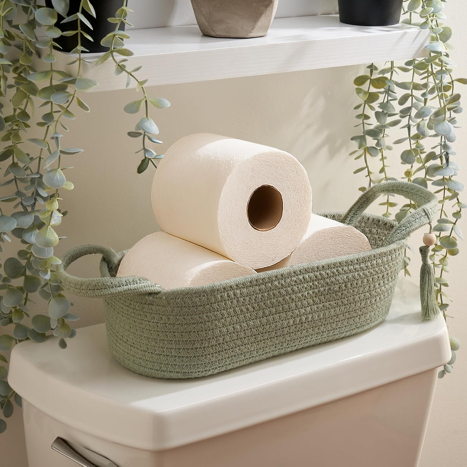 Decorative Toilet Paper Basket – Beautiful Bathroom Organizer for Toilet Tank Storage Decor – Boho Sage Green Cotton Rope Bin with Tassel for Bathroom Accessories and as Shelf Decor