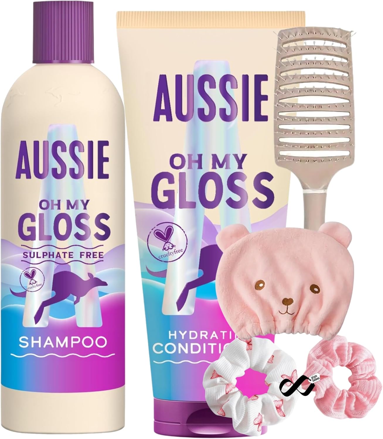 Shampoo and Conditioner Sets - Includes 1 x detangling Brush 1 x Hair Drying Cap, Schrunchies, Bundled with Aussie Oh My Gloss with Strawberry Extract, Sulphate Free Hair Care Products For Women