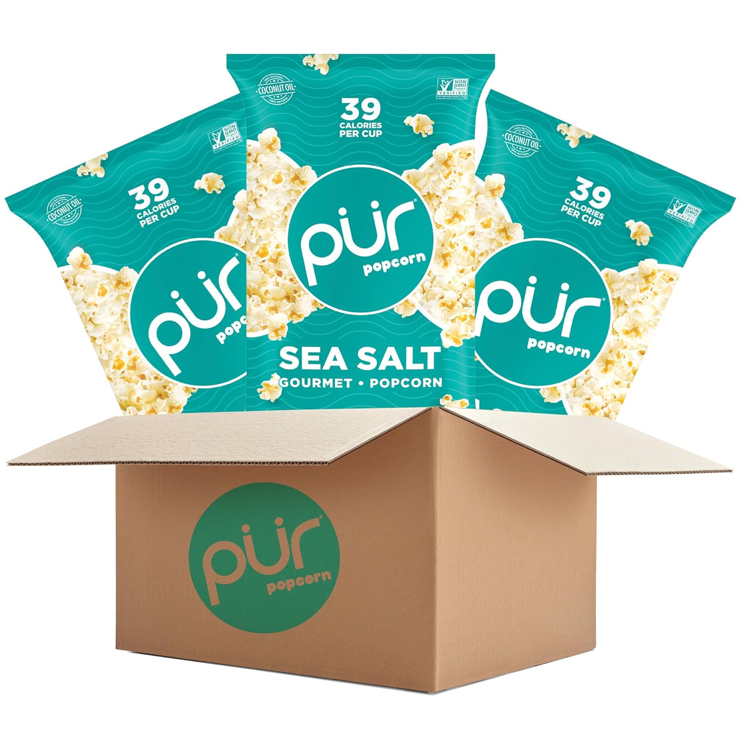 PUR Popcorn | Made with Coconut Oil | 100% Whole Grain Healthy Snacks | Gluten Free | Nut & Peanut Free, Vegan & Non-GMO | Sea Salt Flavored | Individual Bags (Pack of 3)