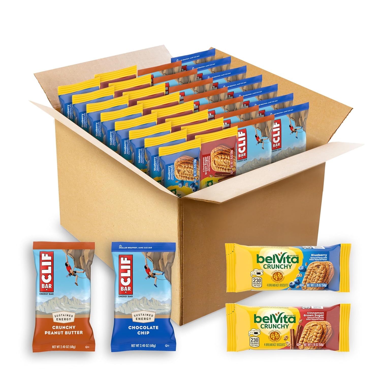 CLIF BAR Energy Bars and belVita Breakfast Biscuits Variety Pack, 4 Flavors, 30 Count