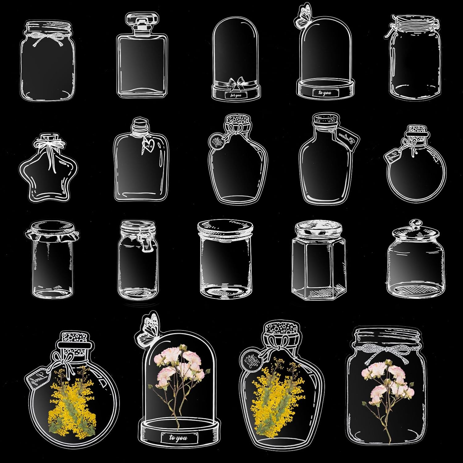 Qianyu 60Pcs Transparent Dried Flower Bookmarks Personalised Glassware Sticker Bookmark Easy DIY Clear Jars Glass Wish Bottle Stickers Funny Handmade Botanical Specimen Bookmark Plant Floral Page