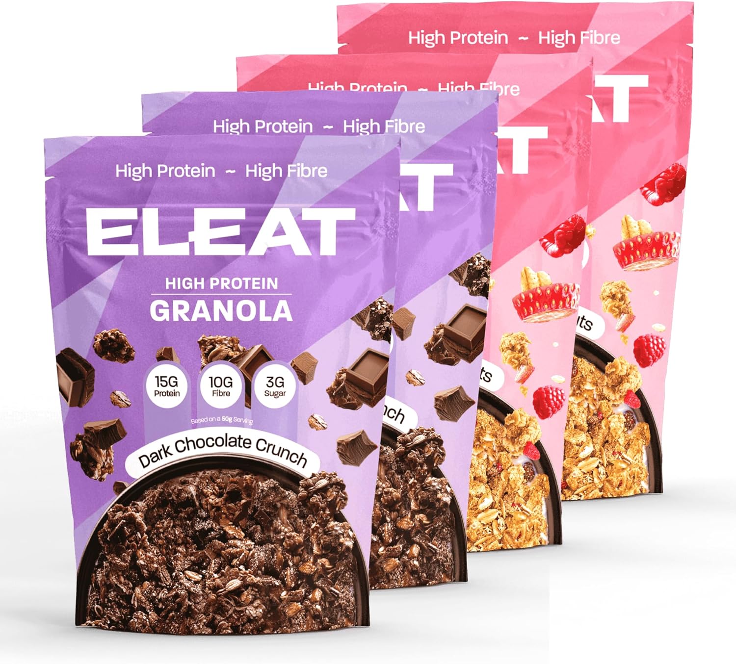 ELEAT | High Protein Healthy Granola | Dark Chocolate & Mixed Berries Crunch Cereal Breakfast | Low Sugar & High Fibre Snack | Variety Pack 4 x 300g