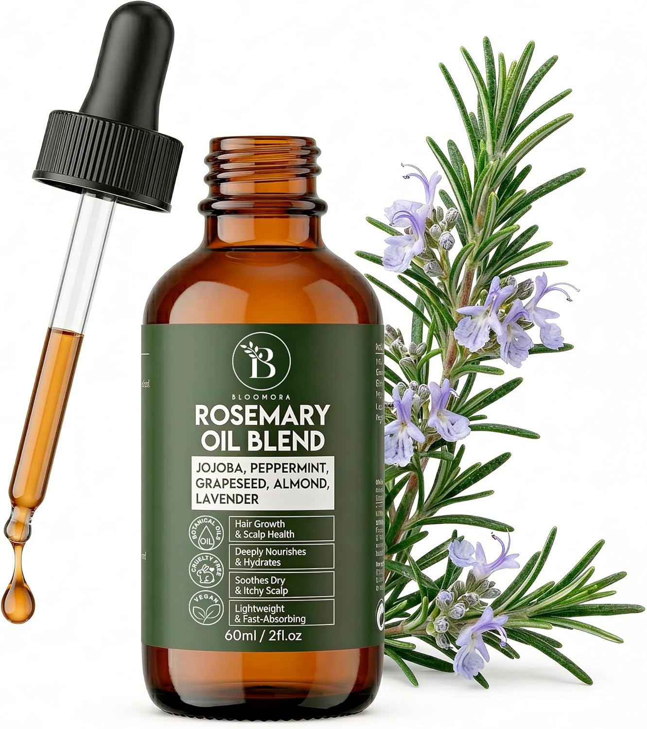 Rosemary Oil for Hair Growth Blend with Almond, Peppermint, Lavender & Jojoba Oil for Hair, Lightweight Consistency, For Growth, Strengthening & Scalp Care (60ml / 2fl oz)