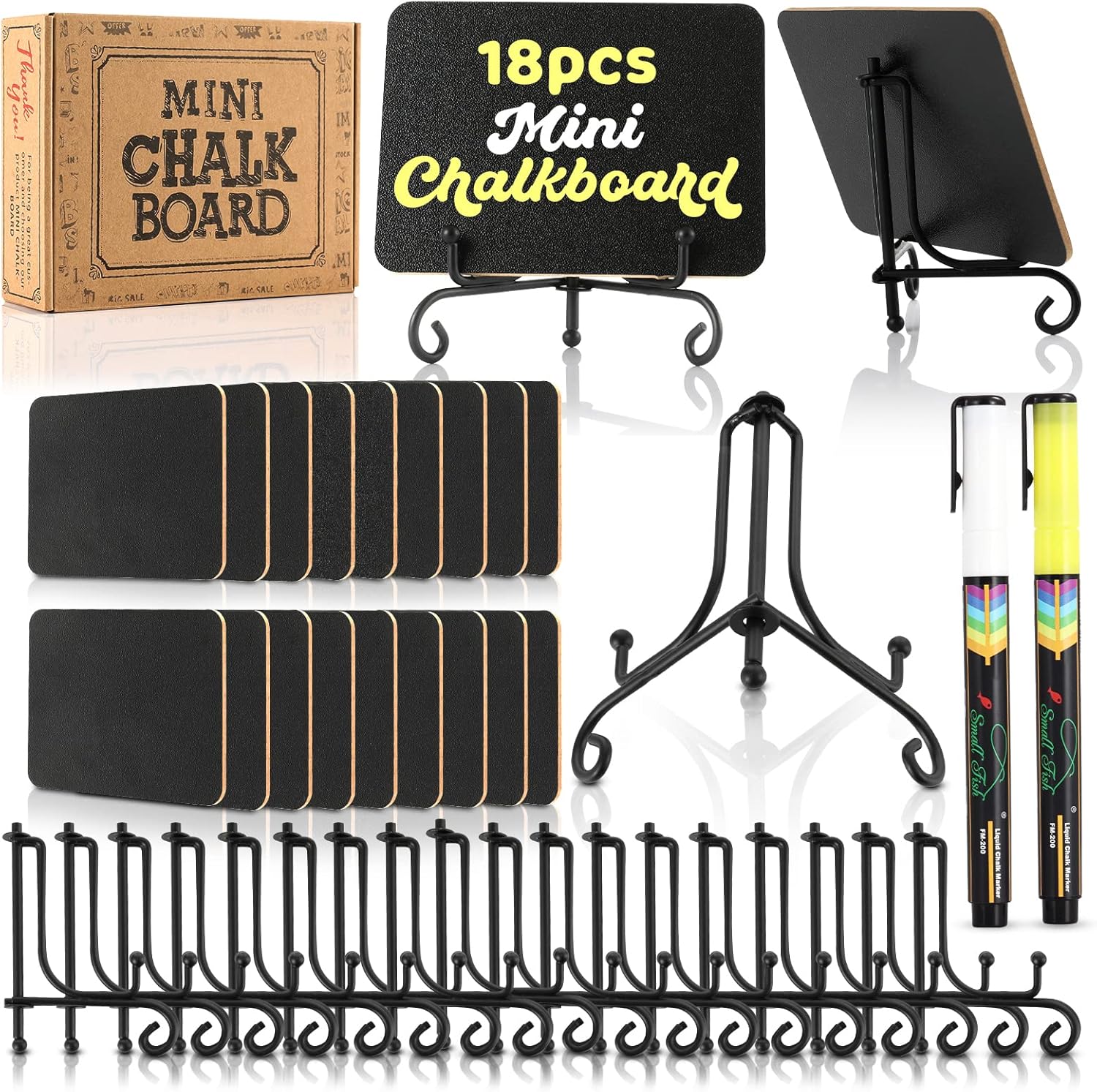 OleOletOy 18 pcs Mini chalkboards with Black Iron Stand Bundled with Mini Chalkboards 20 pcs