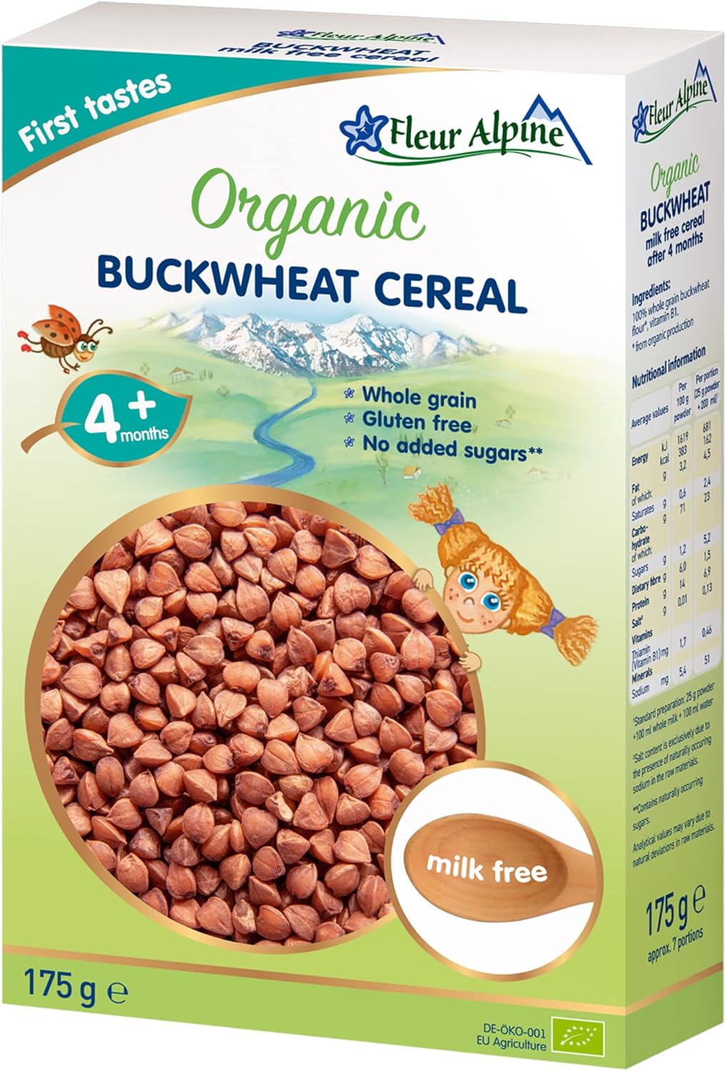 FLEUR ALPINE Organic Buckwheat Baby Cereal Dairy Free - Baby Porridge for Deliciously Smooth Breakfast Meals | Nutritious and Easy To Make Gluten Free Cereal 4+ Months with No Added Sugars | 7 Serving