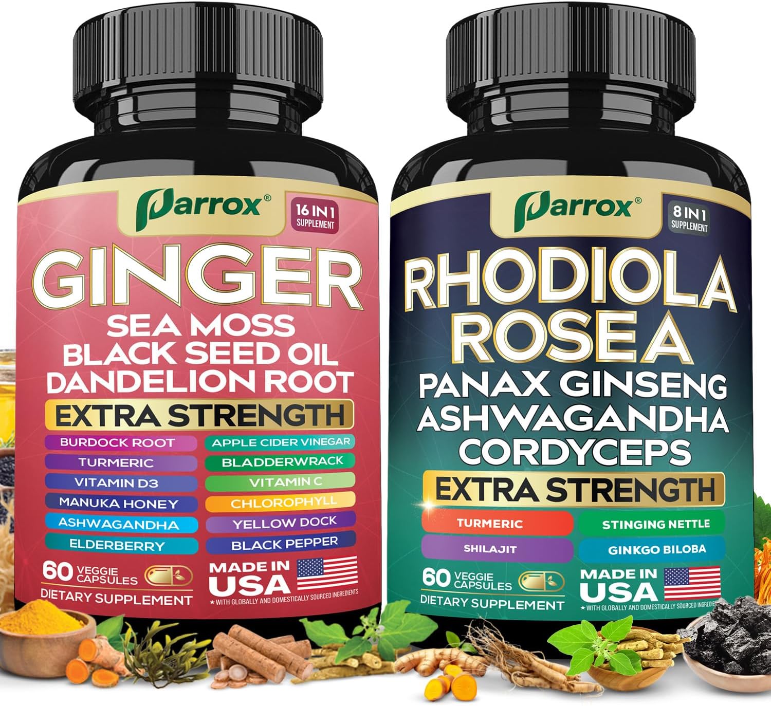 Dynamic Duo Herbal Bundle, Ginger, Rhodiola Rosea, Sea Moss, Ashwagandha, Black Seed Oil, Panax Ginseng, Turmeric, Dandelion, Cordyceps, Ginkgo Biloba, ACV, Elderberry, Manuka Honey