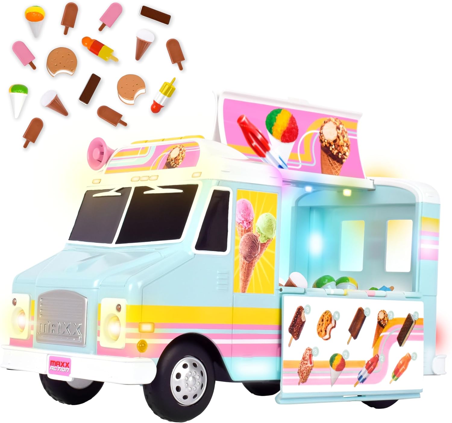 Sunny Days Entertainment, LLC. Maxx Action 12” Ice Cream Food Truck. Lights and Sound, Includes 16 Pieces with Miniature Food, Imaginative Food Play for Girls and Boys 3+