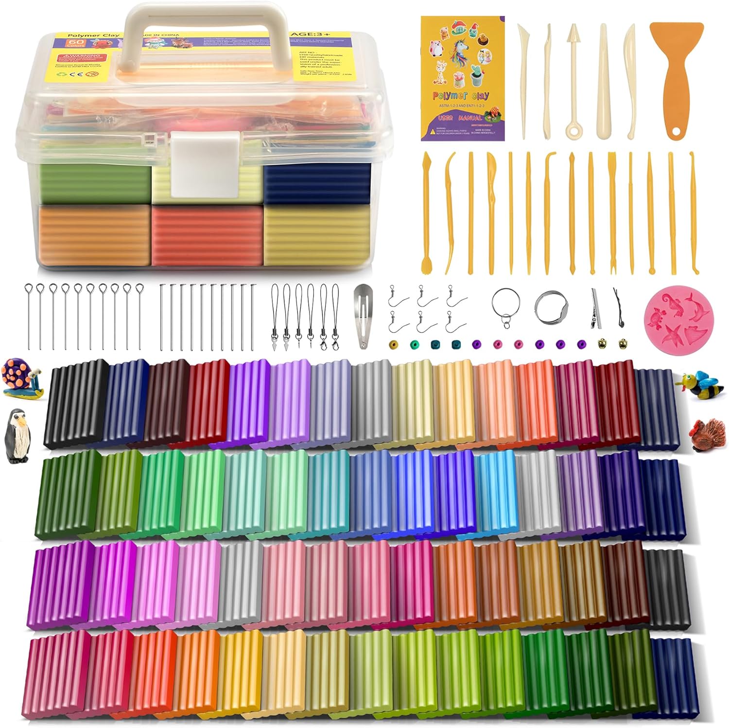 Polymer Clay 60 Colors, Modeling Clay for Kids DIY Starter Kits, Oven Baked Model Clay, Non-Toxic, Non-Sticky,with Sculpting Tools, Gift for Children and Artists.