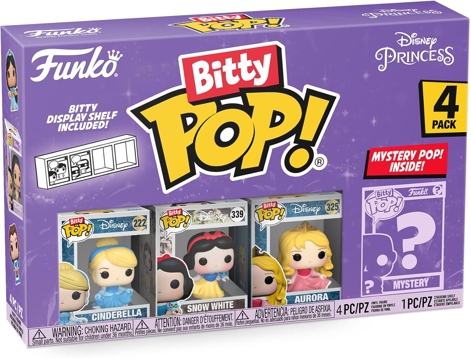 Funko Bitty Pop Disney Princesses - Cinderella, Snow White, Aurora and A Surprise Mystery Mini Figure - 0.9 Inch (2.2 Cm) Collectable - Stackable Display Shelf Included - Gift Idea