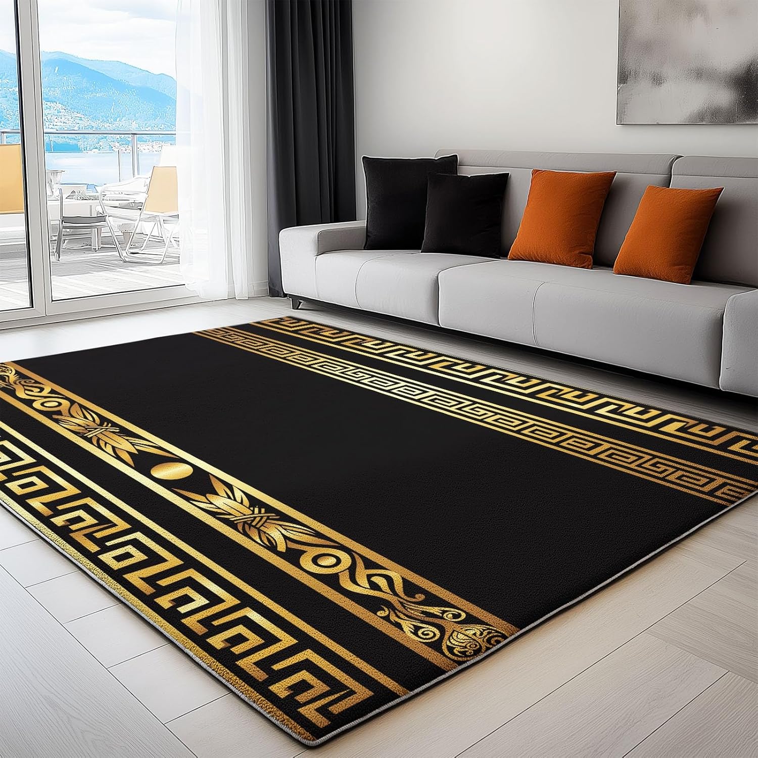 Area Rugs Jinyue Gold Stripe Border 2 x 3 ft Washable Rugs for Living Room, Durable Low Pile Non-Slip Carpet Black, Ideal for High Traffic Areas in Bedroom, Living Room, Kitchen