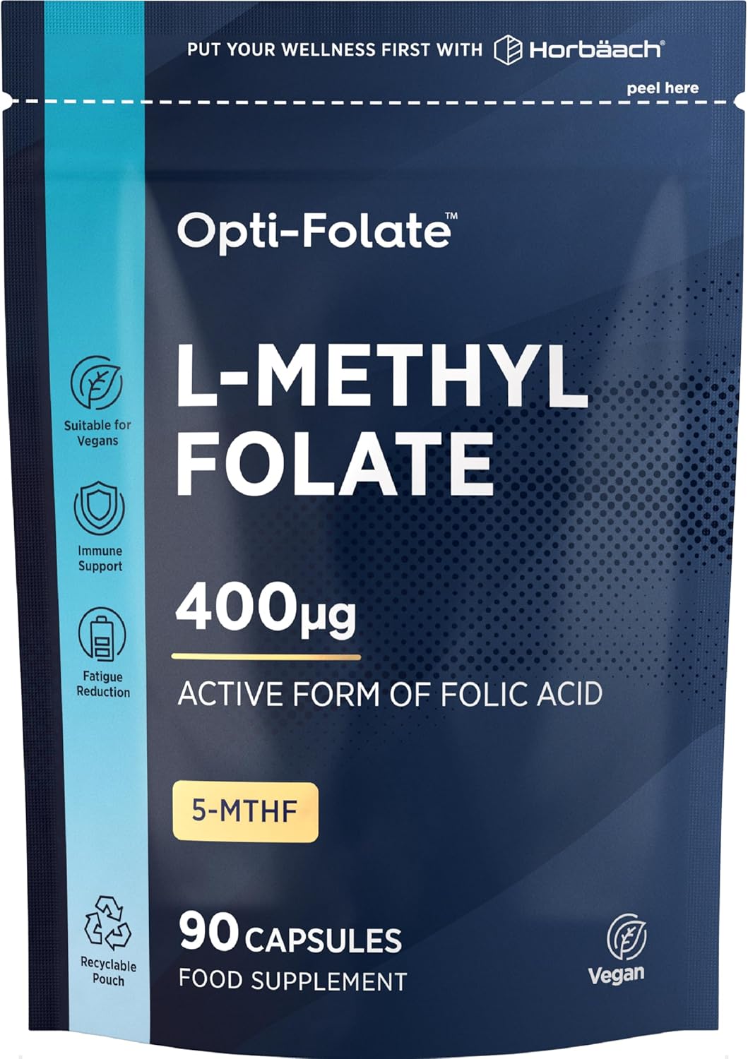 Folate (L-Methylfolate) 400ug | 90 Vegan Capsules (3 Months Supply) |One a Day Formula | Active Methylated Form of Folic Acid 5-MTHF (Vitamin B9) | Prenatal Supplement | by Opti Folate