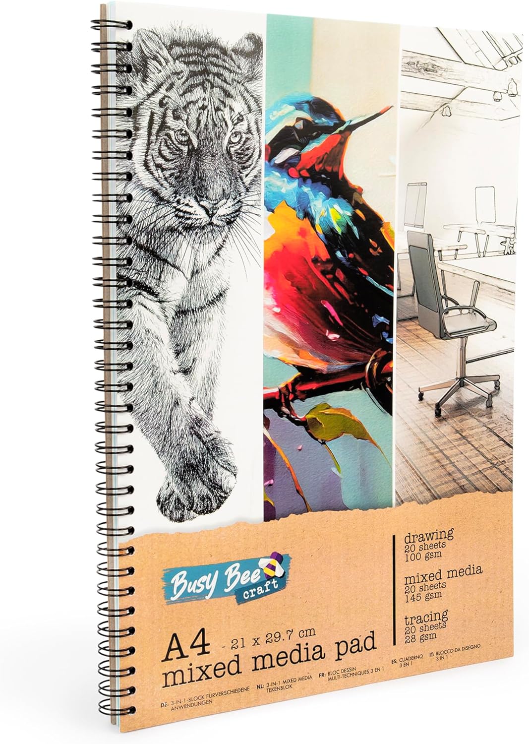 abeec A4 Paper Sketchbook, Ideal for Watercolour, Acrylic Paint & Drawing - Essential Art Supplies - 60 Sheet Artist's A4 Sketchbook - 20 x Mixed Media, 20 x Drawing Paper and 20 x Tracing Paper