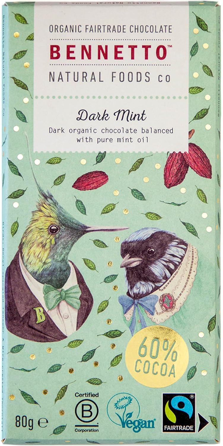 Dark Mint Dark chocolate with 60% cocoa and pure mint oil. Certified organic, Fairtrade, and net climate positive. Beautiful gifts for everyone.