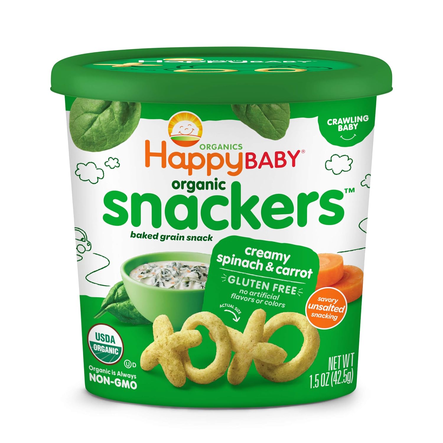Happy Baby Organics Snackers Baked Grain Snack, Creamy Spinach & Carrot, 1.5 Ounce (Pack of 6)