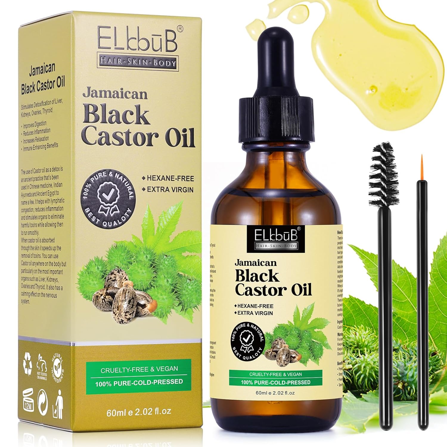 Jamaican Black Castor Oil - for Hair Growth Skin Condition, Eyebrows Eyelashes, Nail Care Grow, Moisturizing Massage Oil for Aromatherapy 2 fl oz