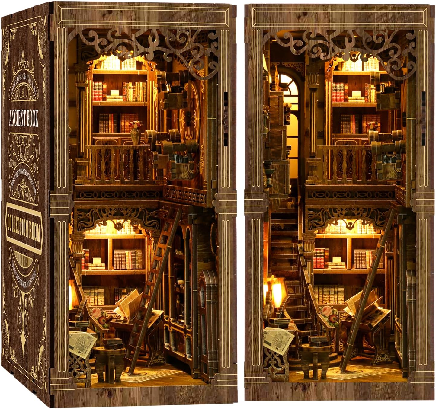 MAKEASY Book Nook Kit with LED Lights, 3D Wooden Puzzle DIY Miniature House Kit for Adults to Build, Creative Bookshelf Insert Decor, Unique Gift for Book Lovers (Antique Book Collection Room)