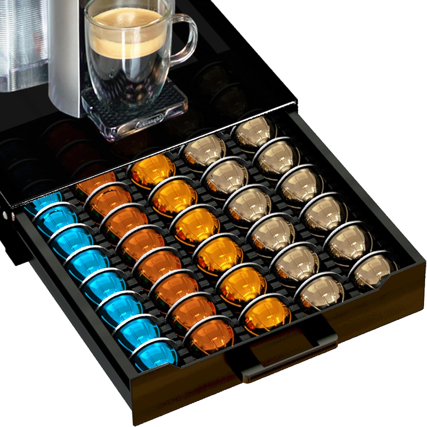 Vertuo Pod Holder Drawer with Deluxe Black Tempered Glass Top, Compatible for Nespresso VertuoLine Pods, Holds up to 75 Small or 50 Big Vertuo Pods Compact Design (Piano Black Nespresso Pods Holder)
