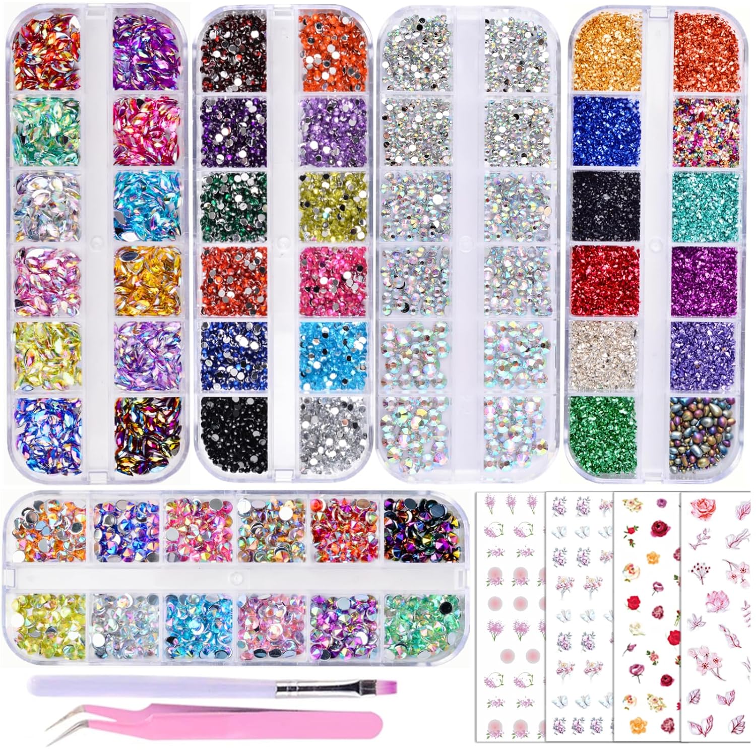 5 Boxes Shiny Colorful Nail Art Rhinestones Kit 3D Flatback Horse Eye Rhinestones Irregular Nail Stone and 4 Sheets Flower Nail Stickers with a Curved Tweezers and a Nail Brush (multicolor)