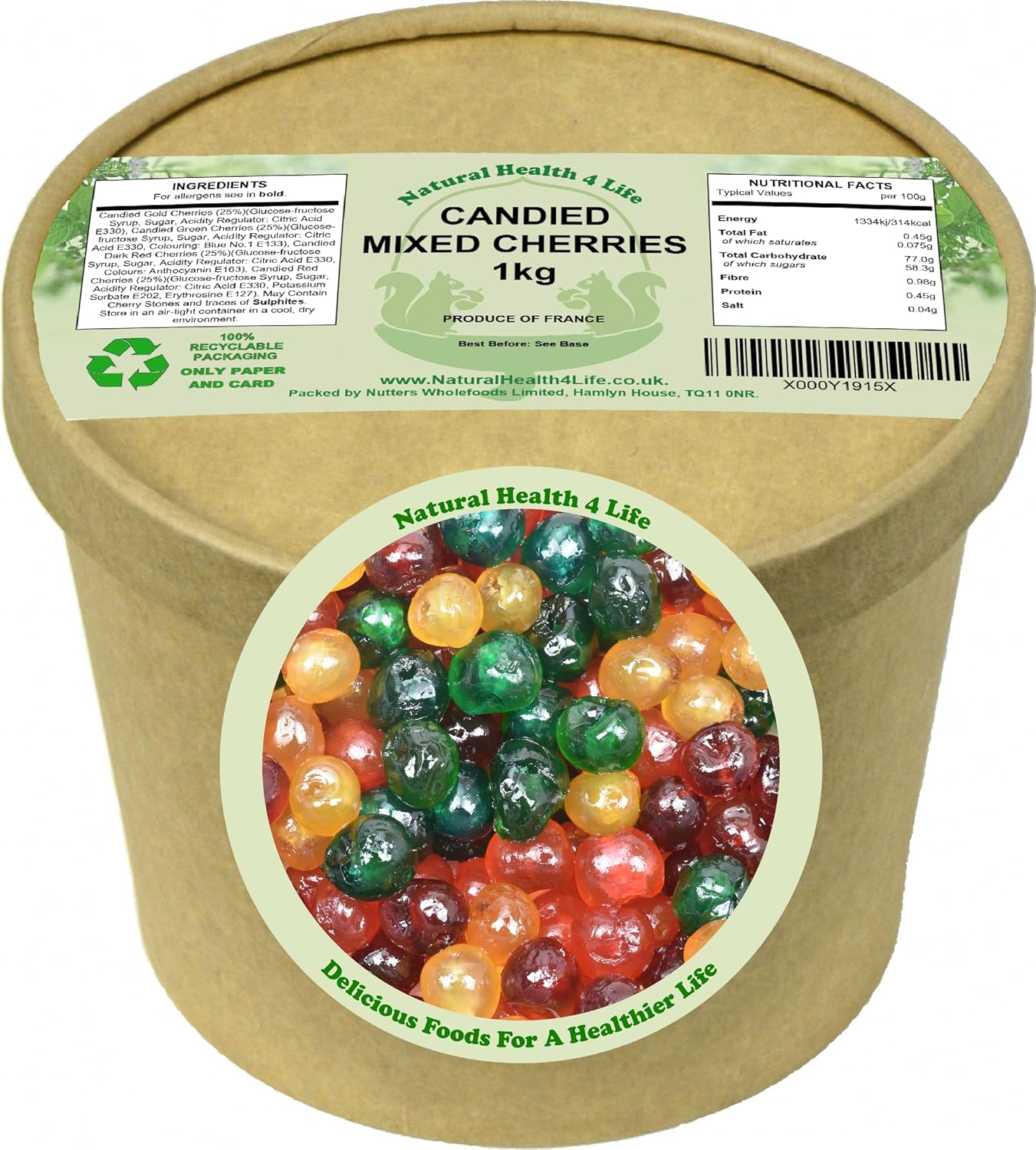 Natural Health 4 Life Candied Whole Mixed 4 Colour Glace Cherries 1kg, Cherries for Baking, Cake Decorating, Christmas Recipes, Fat Free, Vegetarian, Eco-Friendly Tub, Produce of France (1tub)