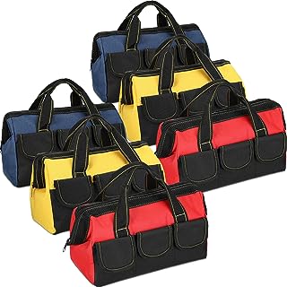 Silkfly 6 Pcs Tool Bag for Men Women Heavy Duty Tool Tote with Waterproof Hard Bottom Multi Pockets Large Mouth Organizer for Various Tool Electrician Carpenter Mechanic(Blue Red Yellow, 13 Inch)