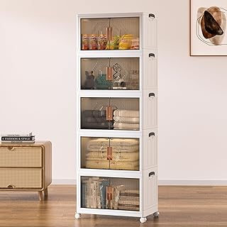 VECELO 16 Gal Stackable Storage Bins with Lid, 5 Pack Plastic Collapsible Storage Cabinet, Foldable Folding Box Organizer/Storage Container Cart with Wheel and Double Door for Home Office, White