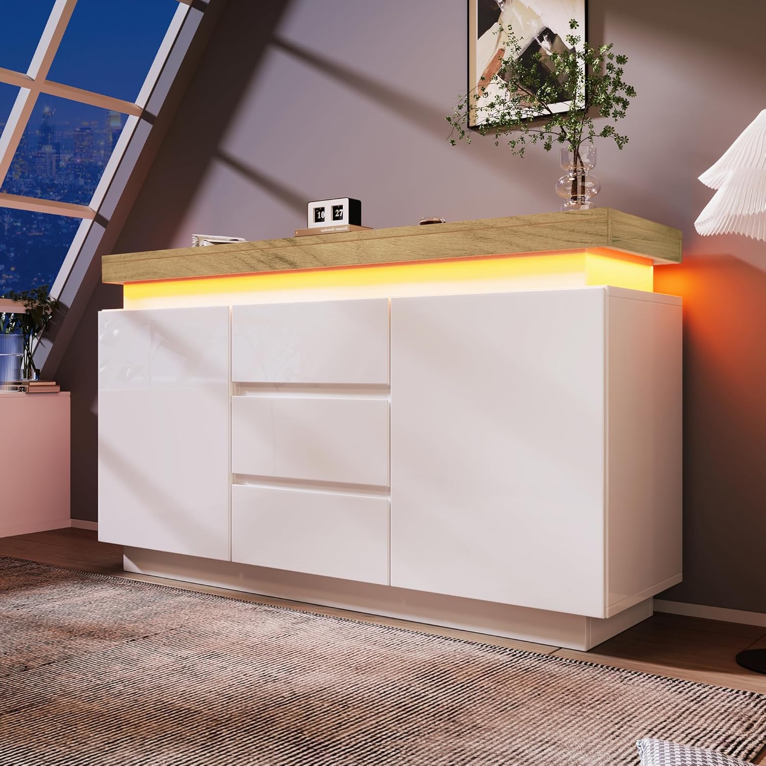 Jaxenor White High Gloss Sideboard LED Cabinet with 2 Doors 3 Drawers for Living Room, Dining Room, Hallway, Bedroom, Storage Cabinet with RGB LED, App-controlled (White)