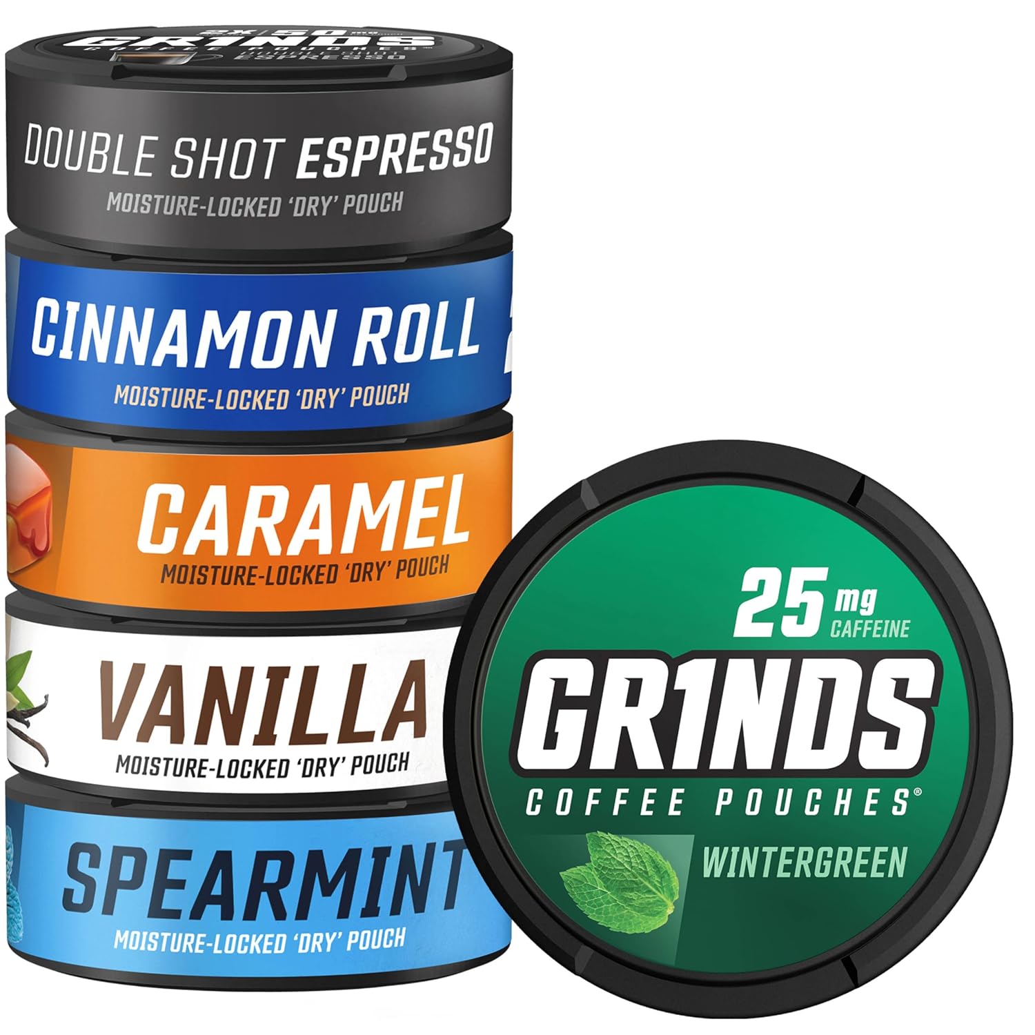 Grinds Coffee Pouches | 6 Can Sampler | Caramel, Espresso, Cinnamon Roll, Vanilla, Wintergreen, Spearmint | 1 Pouch eq. 1/4 Cup of Coffee
