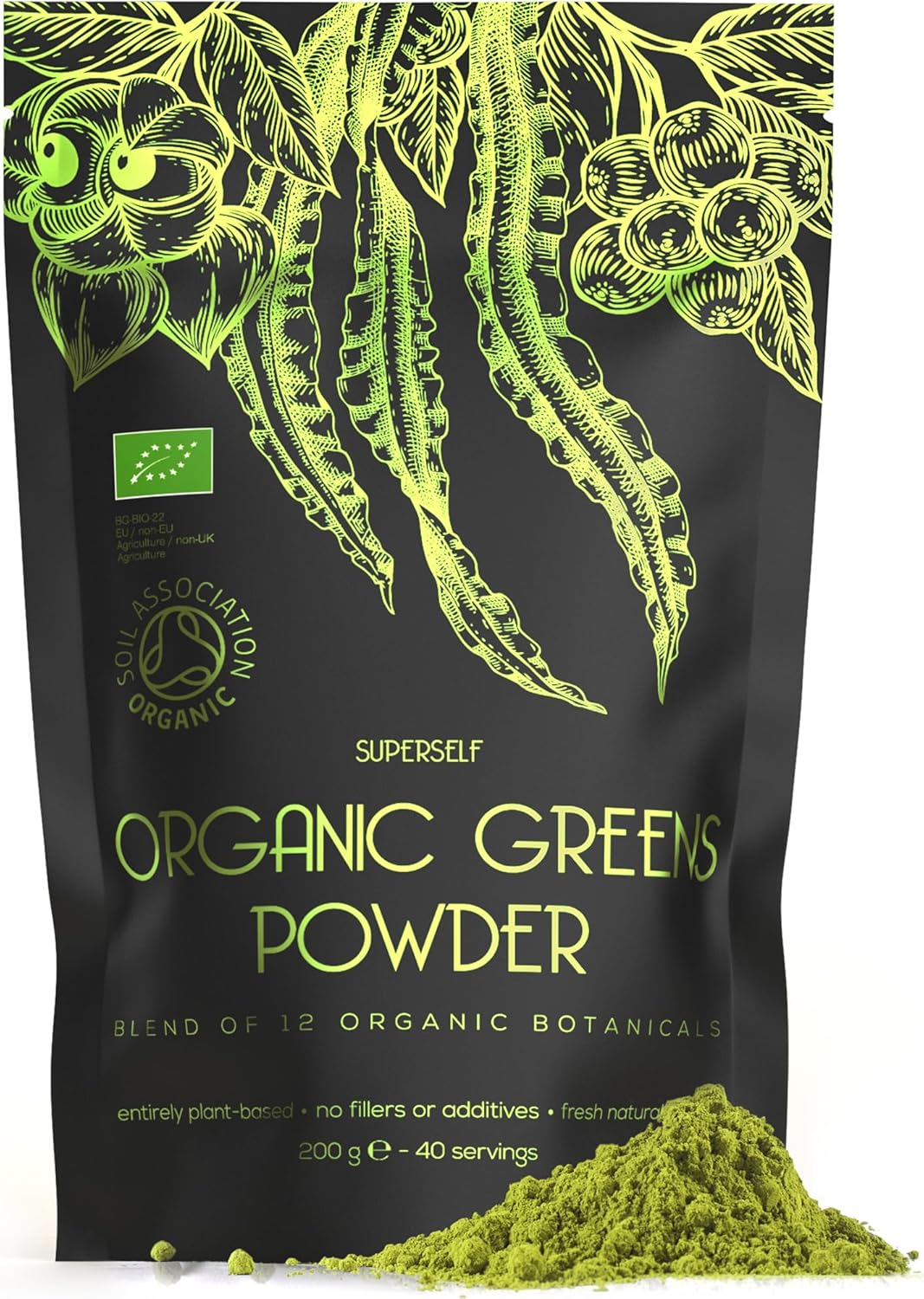 SuperSelf Organic Super Greens Powder - No Additives - 12 Supergreens - Daily Superfood Green Powder with Matcha, Spirulina, Wheatgrass, Chlorella, Acai - 40 Servings - High in Vitamins Protein Fibre