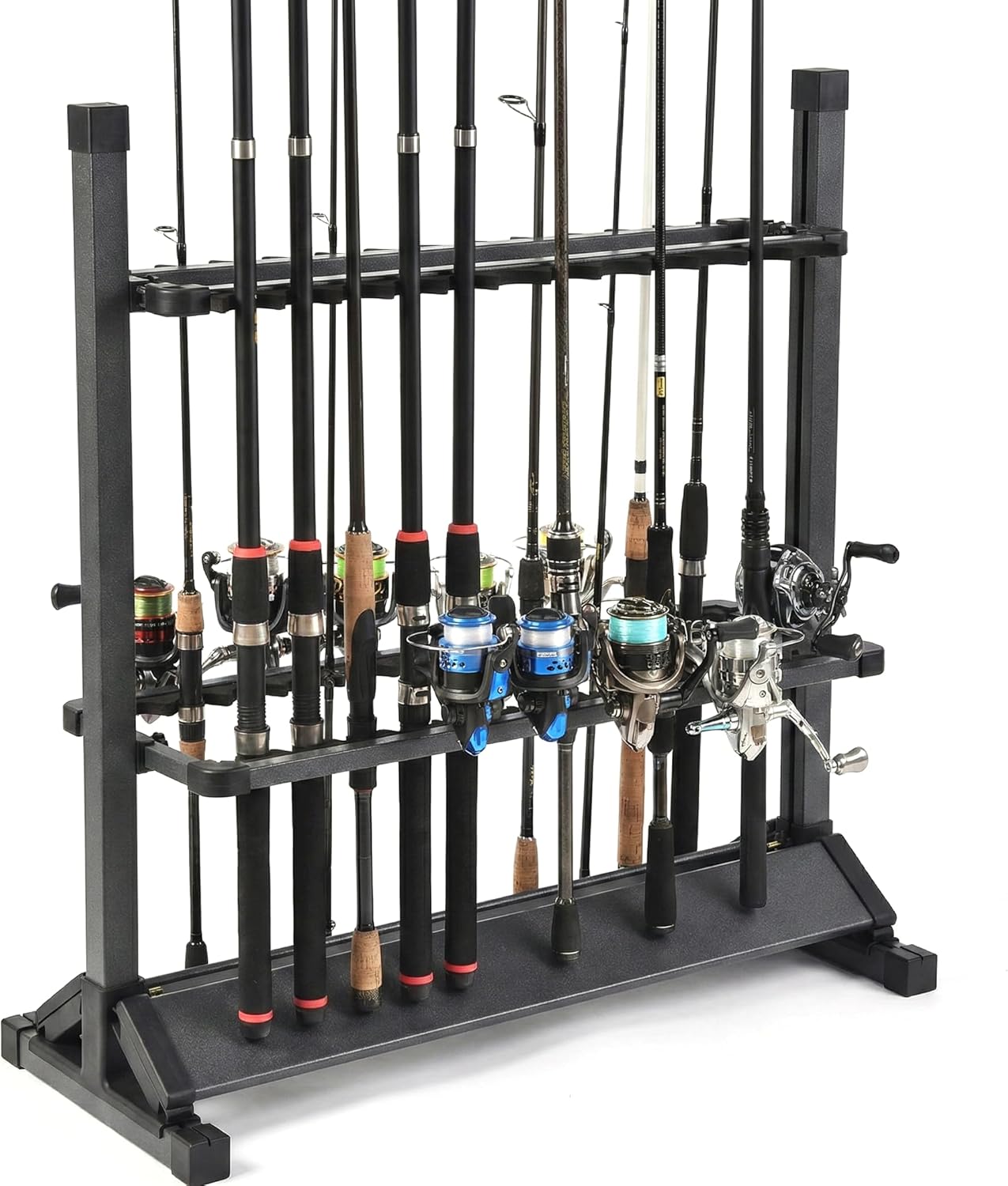 24-Rod Aluminum Alloy Rolling Fishing Pole Holder, Rustproof Fishing Rod Rack with 360° Lockable Wheels, Multi-Functional Storage Organizer for Garage & Home, Fits Most Rods & Golf Clubs (Gray)