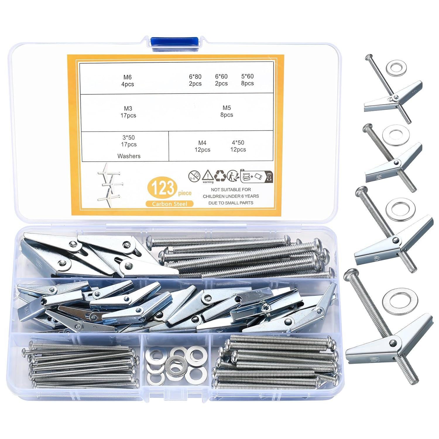 123 Pcs Plasterboard Fixings - Wing Spring Toggle Bolts and Drywall Screws, M3/M4/M5/M6 Spring Toggle Fixings, Hollow Cavity Dry Wall Anchors Screws and Wing Nuts