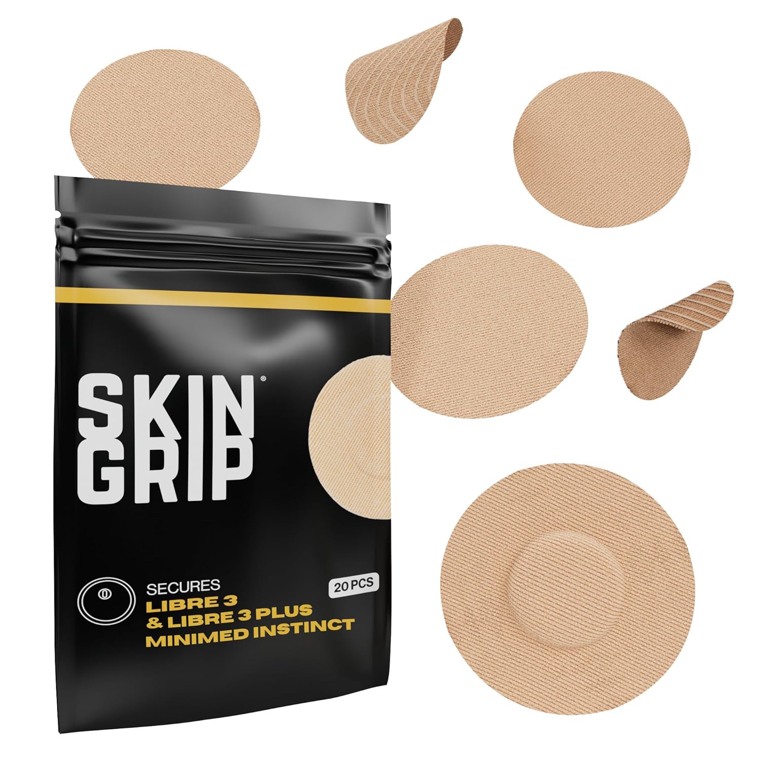Skin Grip Freestyle Libre 3 Sensor Covers-Waterproof & Sweatproof Adhesive Patches for 10-15 Days (Not for Libre2), Pre-Cut CGM Diabetic Sensors Cover, Compatible with Instinct Sensors- 20 Pack, Tan