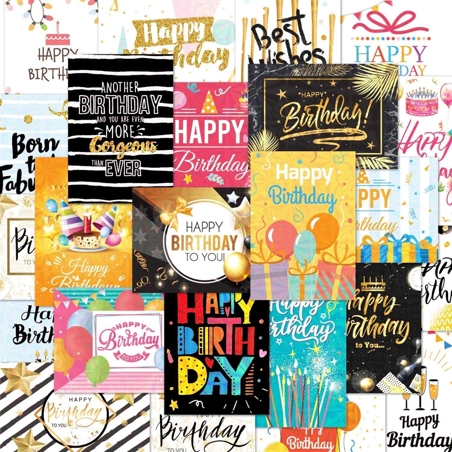 DEEPLAY Birthday Card 24 Pack Bulk Glossy Blank Greeting Card Box Set Multipack Funny Holographic Gold Foil Cards Assortment for Friend Adult Teen, 4.7" X 6.7" BIG SIZE with Envelops Stickers