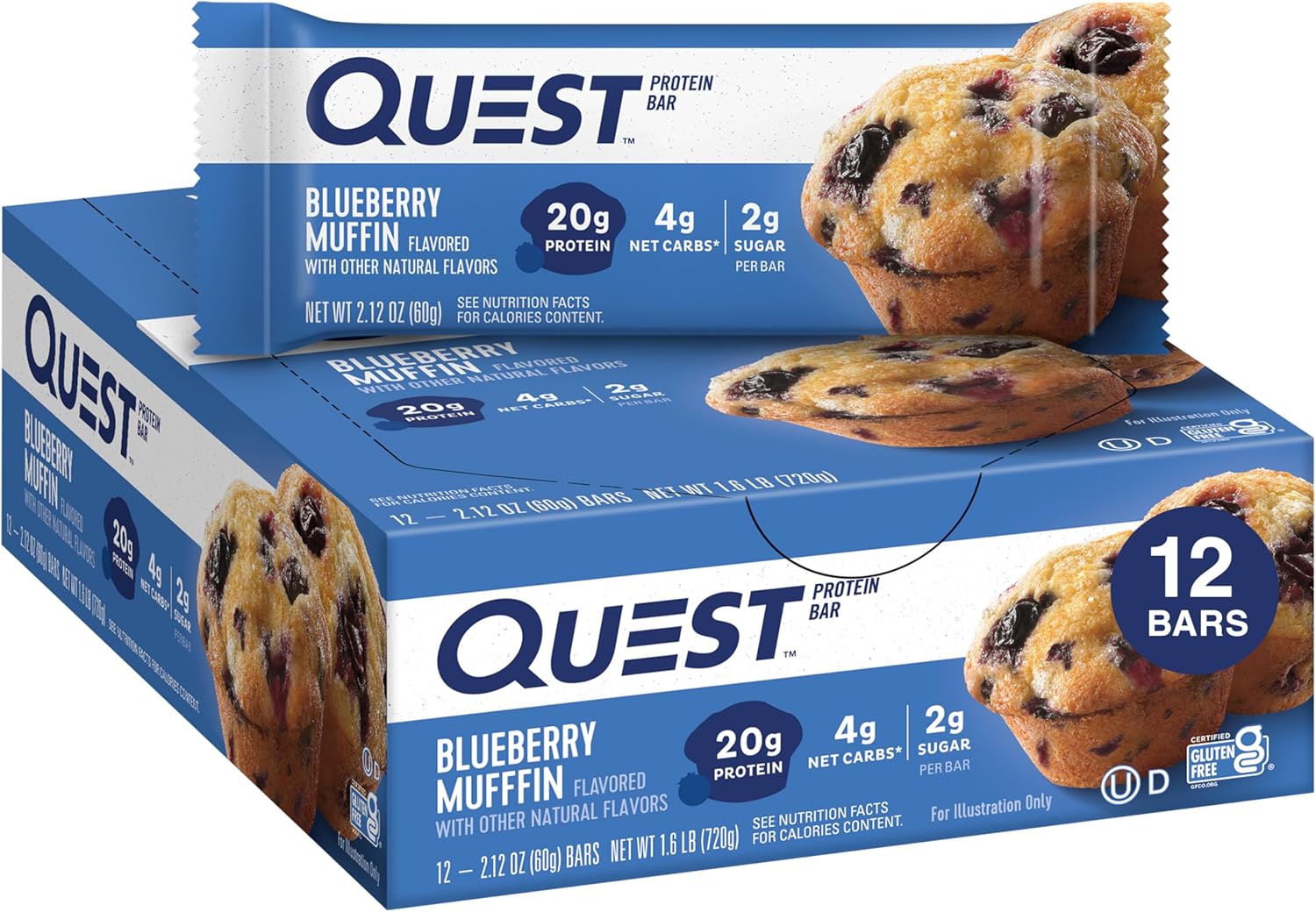 Quest Nutrition Blueberry Muffin Protein Bars, 20g Protein, 2g Sugar, 5g Net Carb, Gluten Free, Keto Friendly, 12 Count