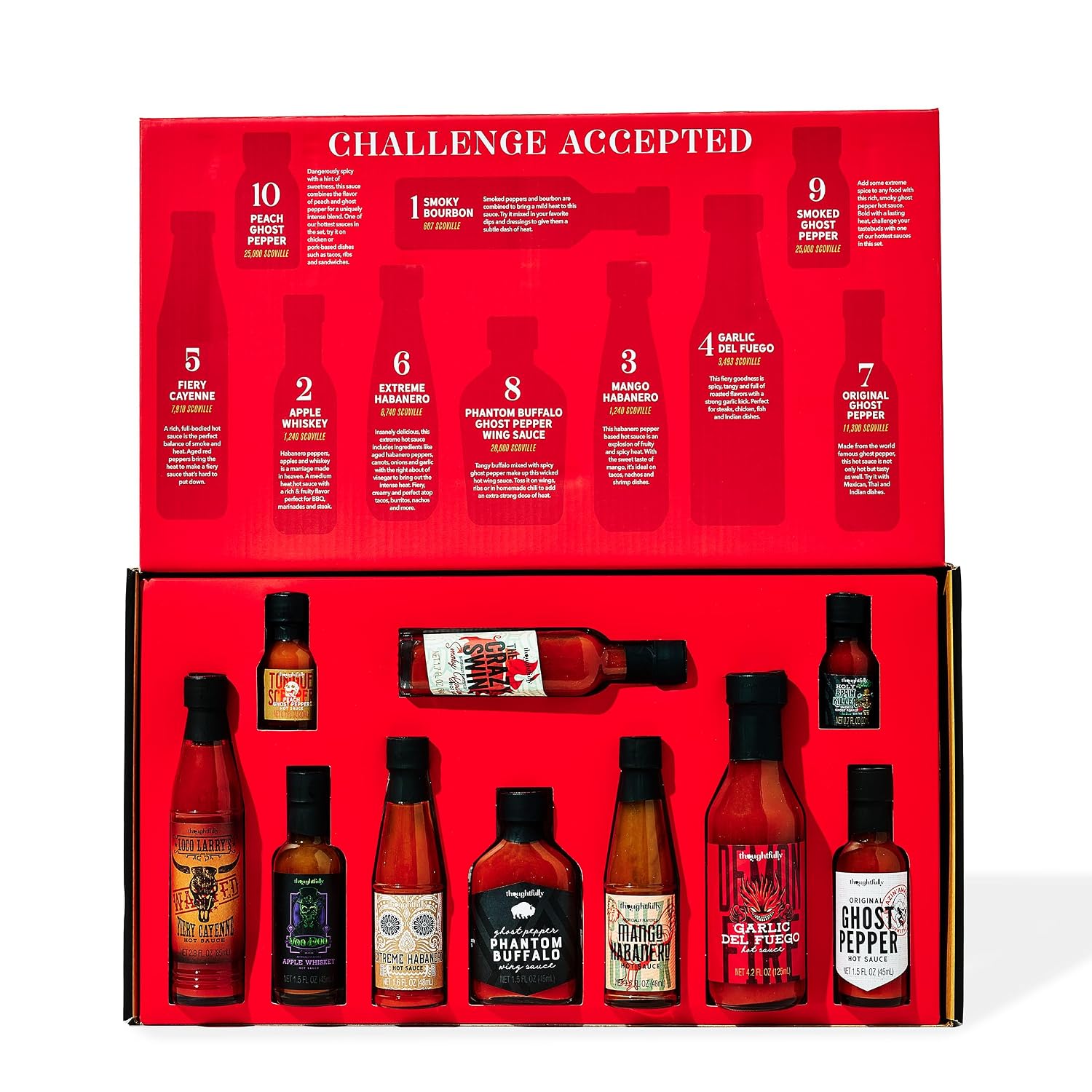 Thoughtfully Hot Sauce Challenge, Mild to Extreme Hot Sauce Variety 10 Pack, Unique Gift for Men, Husband, Dad, Father, Birthday and Christmas