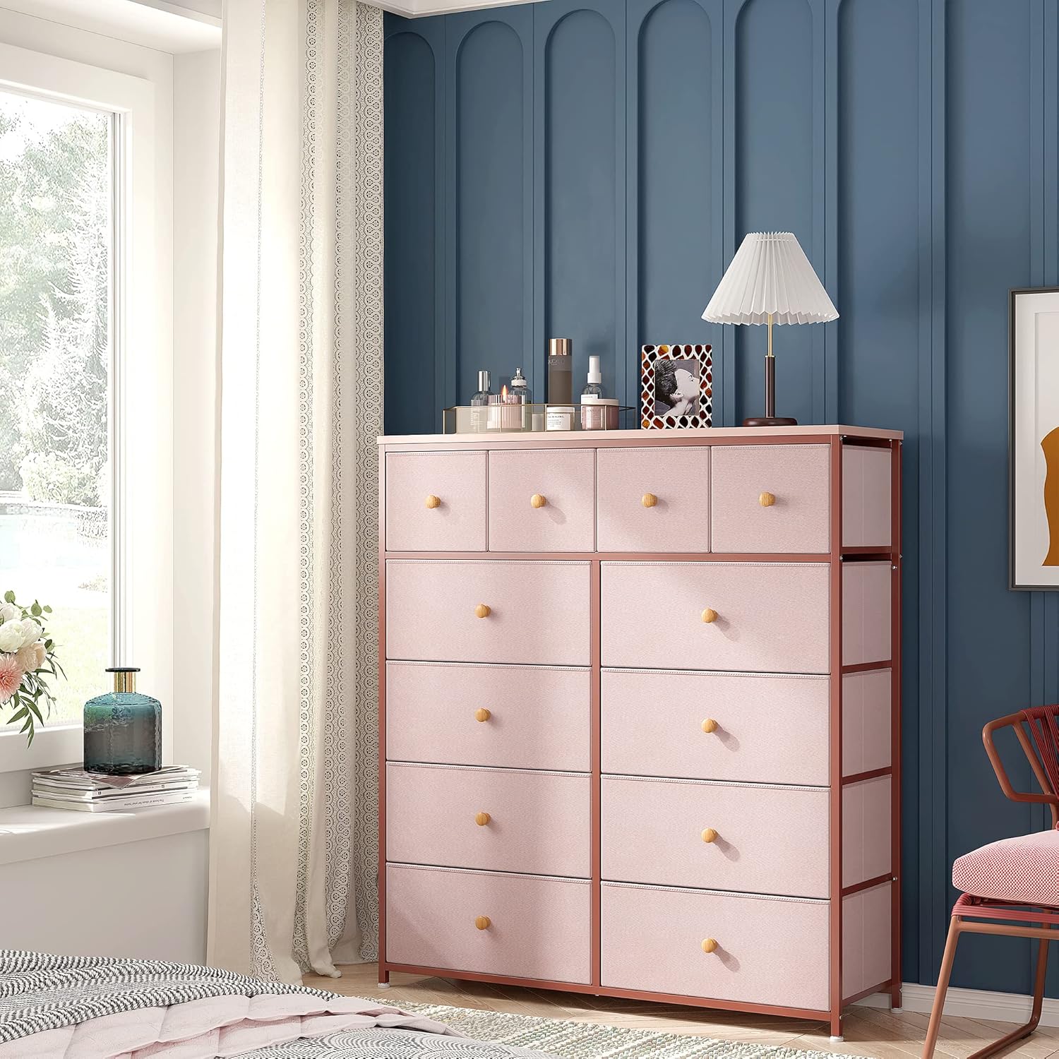 EnHomee Chest of Drawers, 12 Drawer Chest of Drawers with Easy Pull Handle, Pink Chest of Drawers for Bedroom, Tall Fabric Drawers for Girl, Storage Living Rooms, Closet, Hallway.