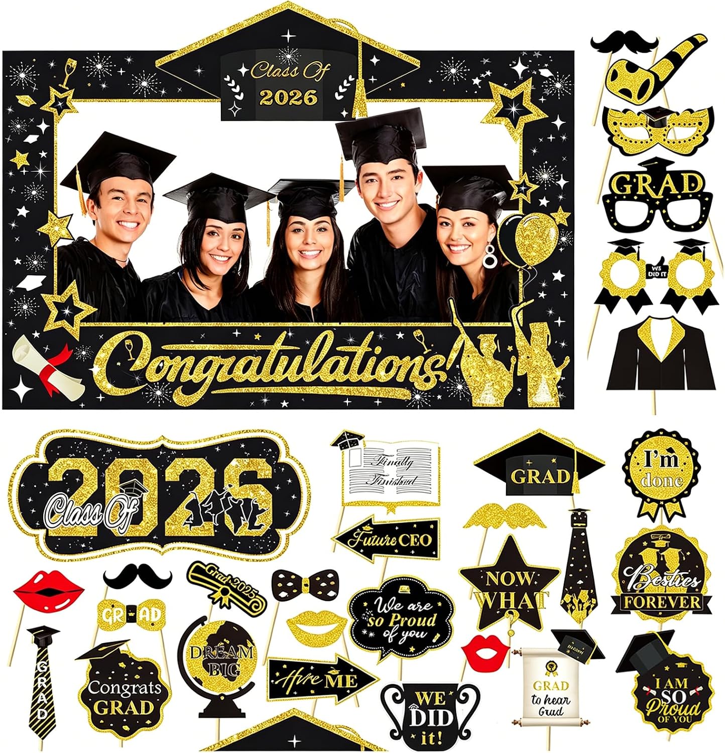 30Pcs Graduation Photo Booth Props, Glittery Large Graduation Decoration Photo Props Class of 2026, Grad Celebrations Party Fancy Dress Prom Supplies