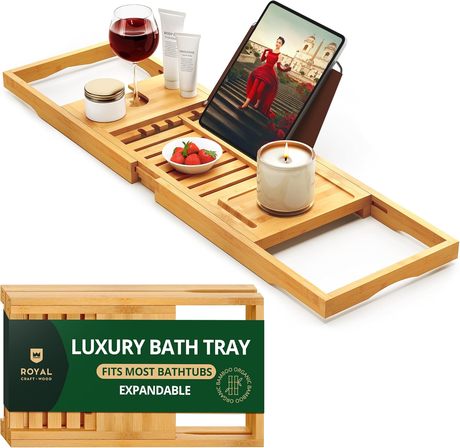 ROYAL CRAFT WOOD Premium Foldable Bathtub Tray - Wood Bath Tray for Tub, Bamboo Shelf, Expandable Bath Table Trays, Bathtub & Bathroom Accessories for New Home & Mothers Day & Birthday Gifts for Mom