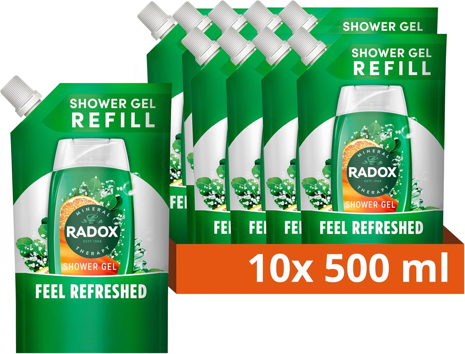 Radox Mineral Therapy Feel Refreshed Shower Gel Eco Refill Body Wash with a eucalyptus & citrus oil fragrance for a refreshing experience 10x 500 ml