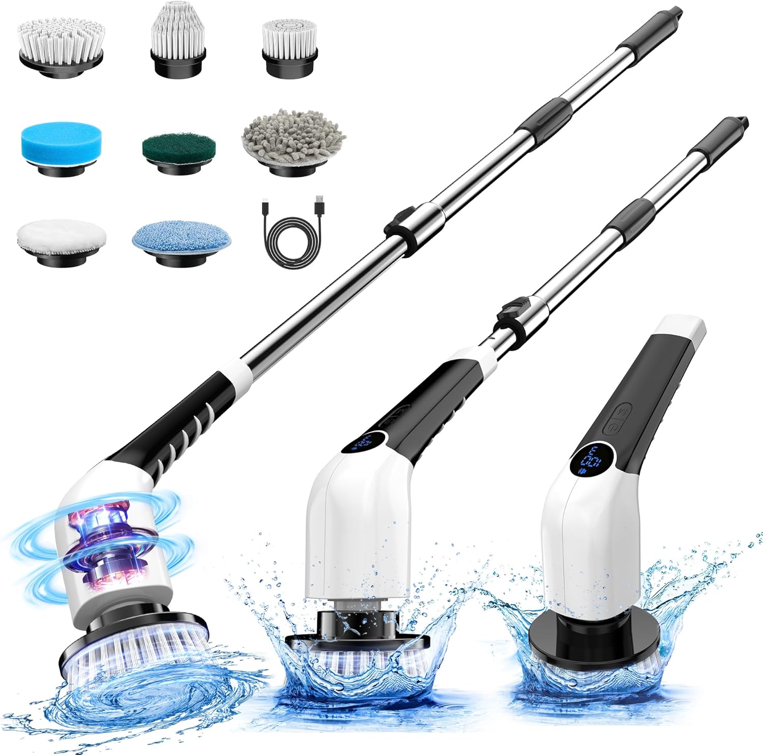 Electric Spin Scrubber, 2024 New Cordless Voice Prompt Shower Cleaning Brush with 8 Replaceable Brush Heads, 3 Adjustable Speeds, and Adjustable Extension Handle for Bathroom Floor Tile