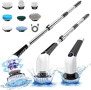 Electric Spin Scrubber, 2024 New Cordless Voice Prompt Shower Cleaning Brush with 8 Replaceable Brush Heads, 3 Adjustable Speeds, and Adjustable Extension Handle for Bathroom Floor Tile