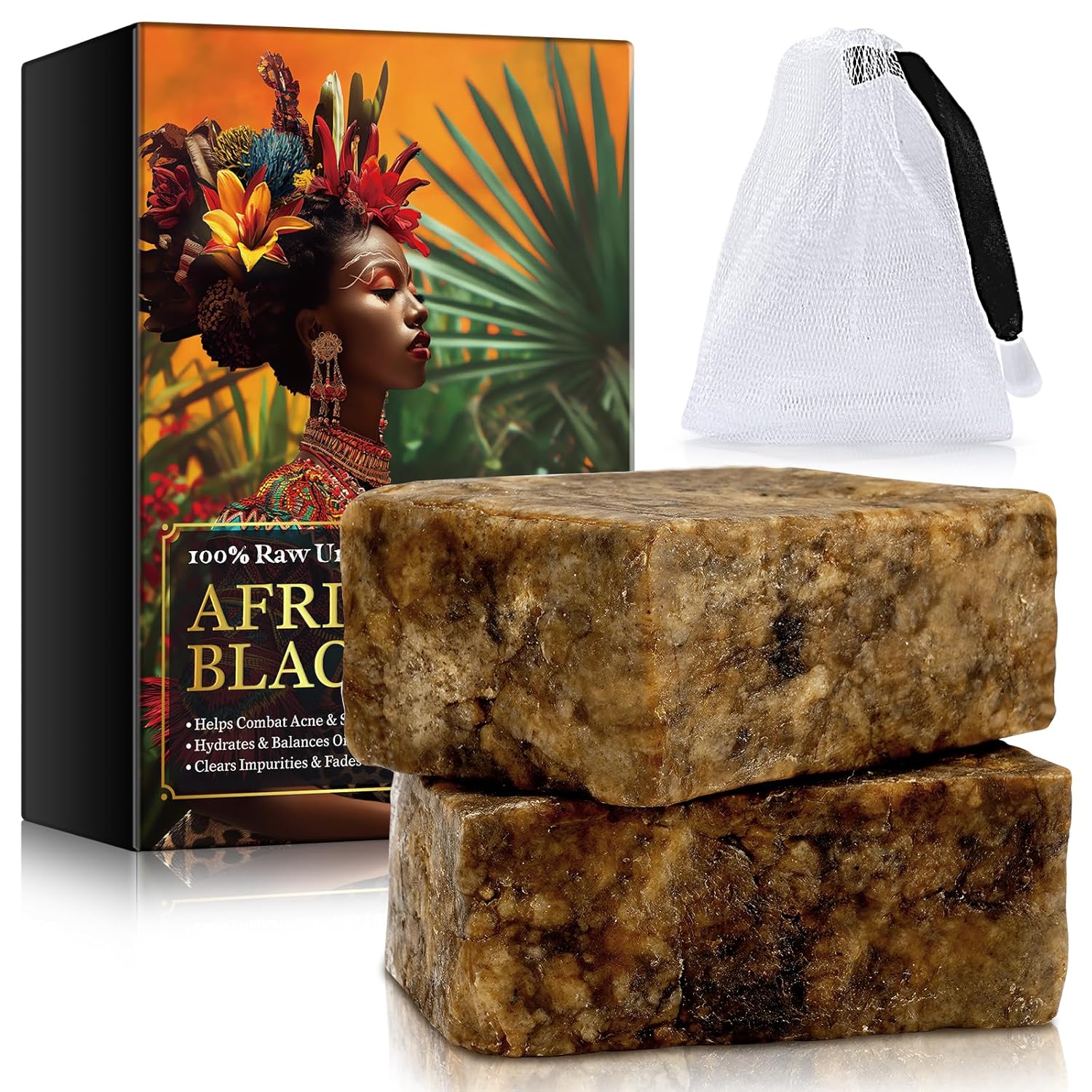 Authentic African Black Soap Bar, Raw African Black Soap for Oily Skin, Dark Spots - Pure & Natural Ingredients - Organic Face and Body Wash Soap - 2 Pack, 200g