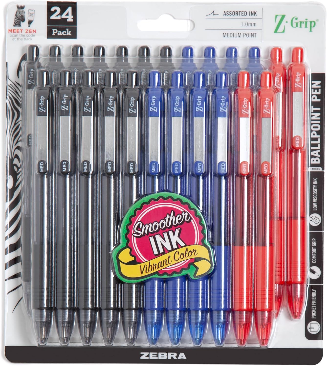 Zebra Pen Z-Grip Retractable Ballpoint Pen, Medium Point, Assorted Business Colors, 24-Pack (12224)