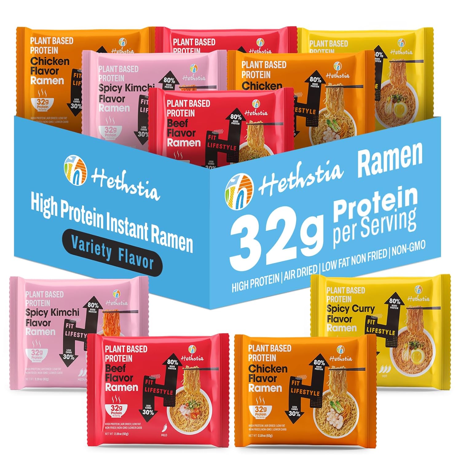 Hethstia High-Protein Ramen Variety Pack (Chicken, Beef, Spicy Kimchi, Spicy Curry), 6-Pack Instant Ramen Noodle Soup, 32g Plant-Based Protein, Vegan, Non-GMO, Low Fat, Pre-Packaged Quick Meal
